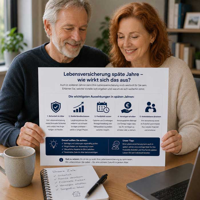 Ein älteres Ehepaar informiert sich über die spären Jahre ihrer Lebensversicherung