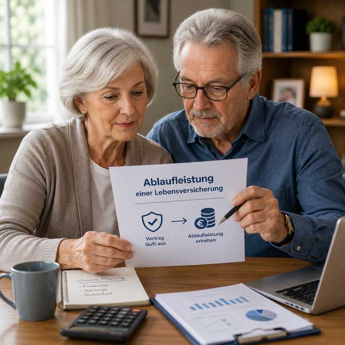Ein älteres Ehepaar informiert sich über die Ablaufleistung ihrer Lebensversicherung