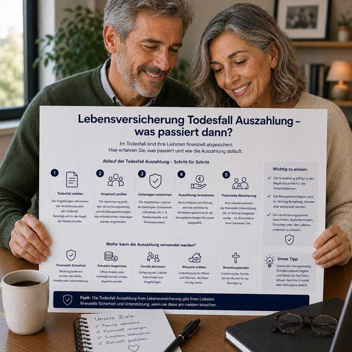 Ein Ehepaar informiert sich über die Auszahlung der Lebensversicherung im Todesfall