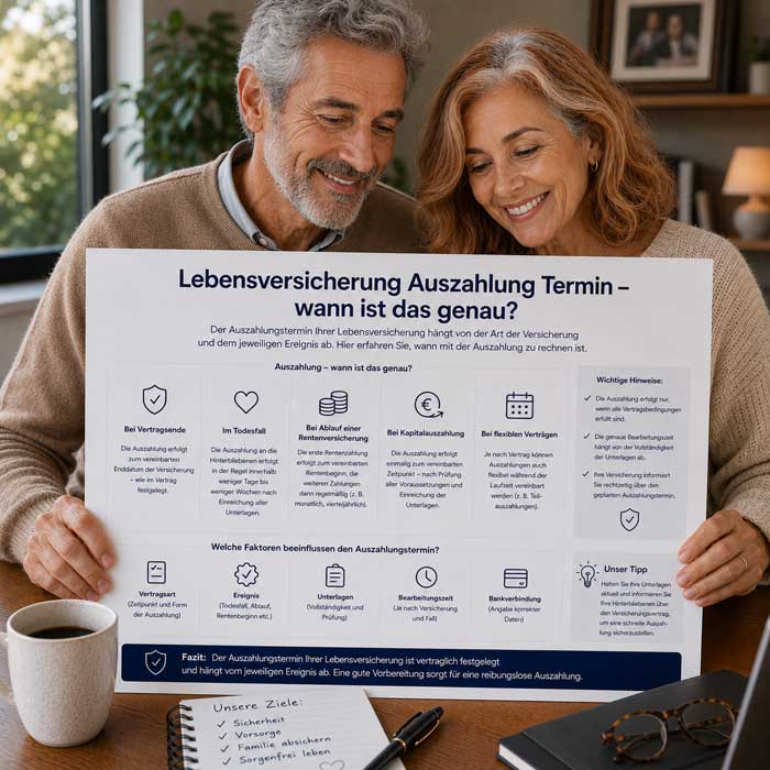 Ein älteres Ehepaar informiert sich zu dem Auszahlungstermin ihrer Lebensversicherung