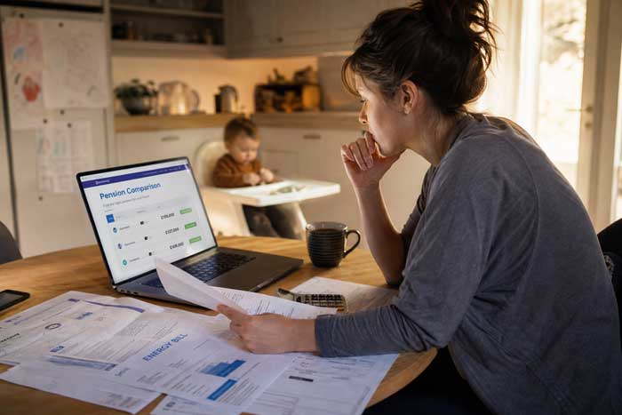 Eine Frau vergleicht am Laptop verschiedene Altersvorsorgemodelle