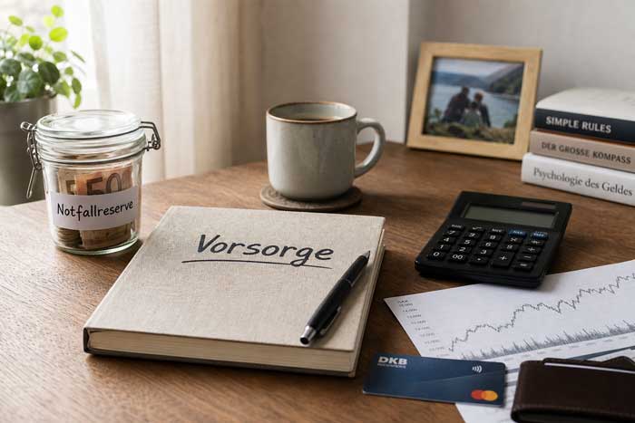 Ein Glas mit Geldscheinen und ein Vorsorge Buch auf einem Tisch