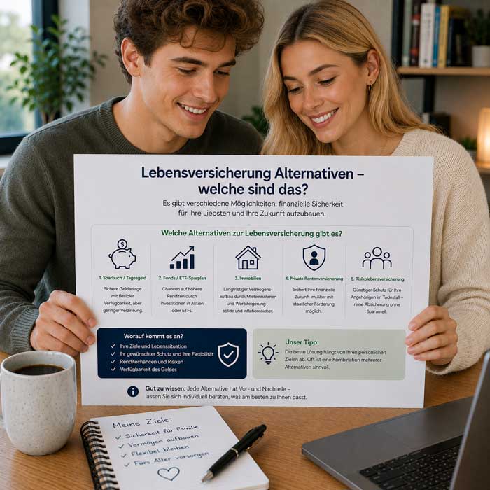 Ein junges Paar informiert sich zu Alternativen der Lebensversicherung als Altersvorsorge