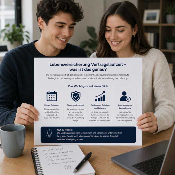 Ein junges Paar informiert sich zu der Vertragslaufzeit einer Lebensversicherung