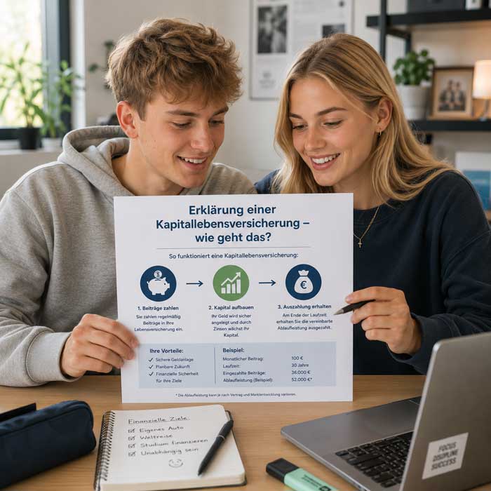 Junges Paar liest sich die Erklärung einer Kapitallebensversicherung durch