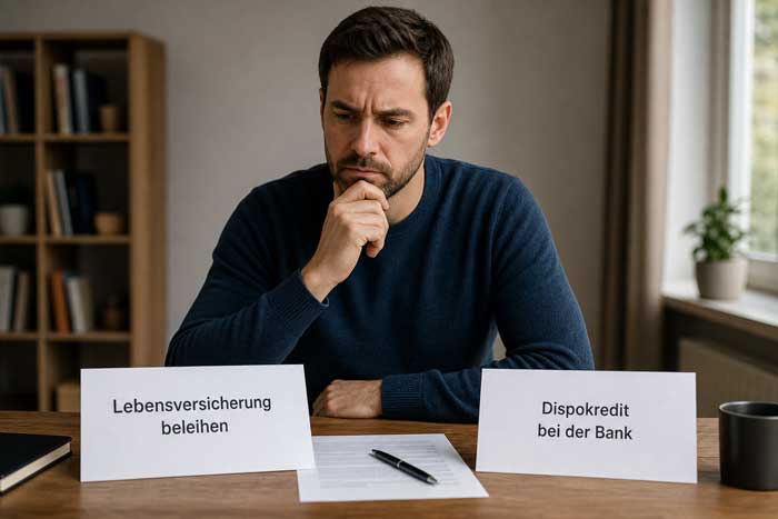 Mann überlegt Entscheidung ob Lebensversicherung beleihen oder Dispokredit bei der Bank