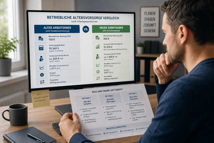Mann vergleicht die betriebliche Altersvorsorge zweier Arbeitgeber