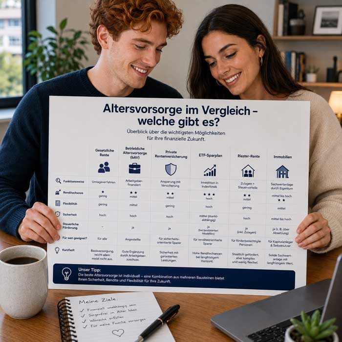 Ein junges Paar informiert sich über alle Varianten zur Altersvorsorge