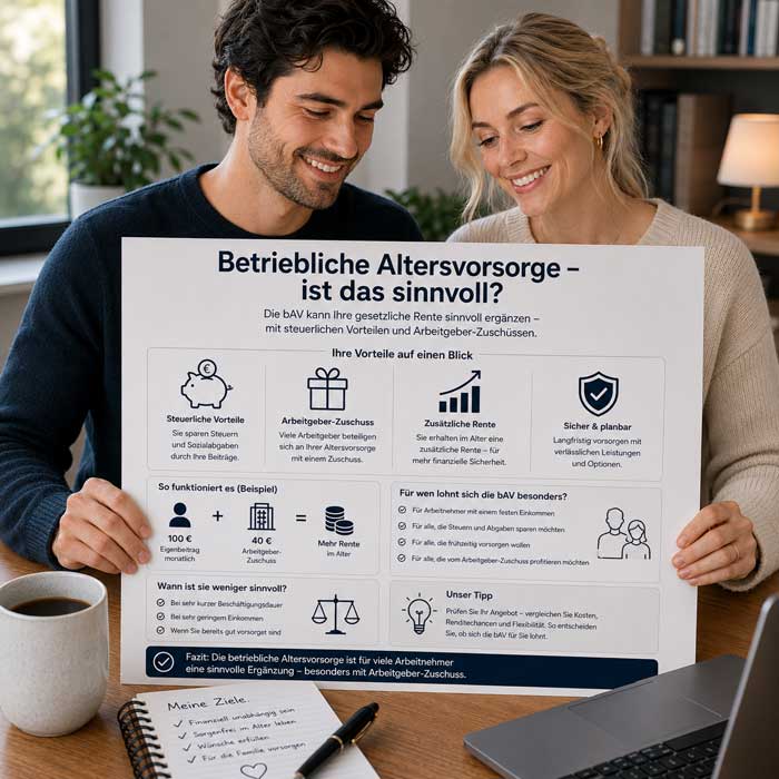 Ein junges Paar informiert sich über die Möglichkeiten der betrieblichen Altersvorsorge