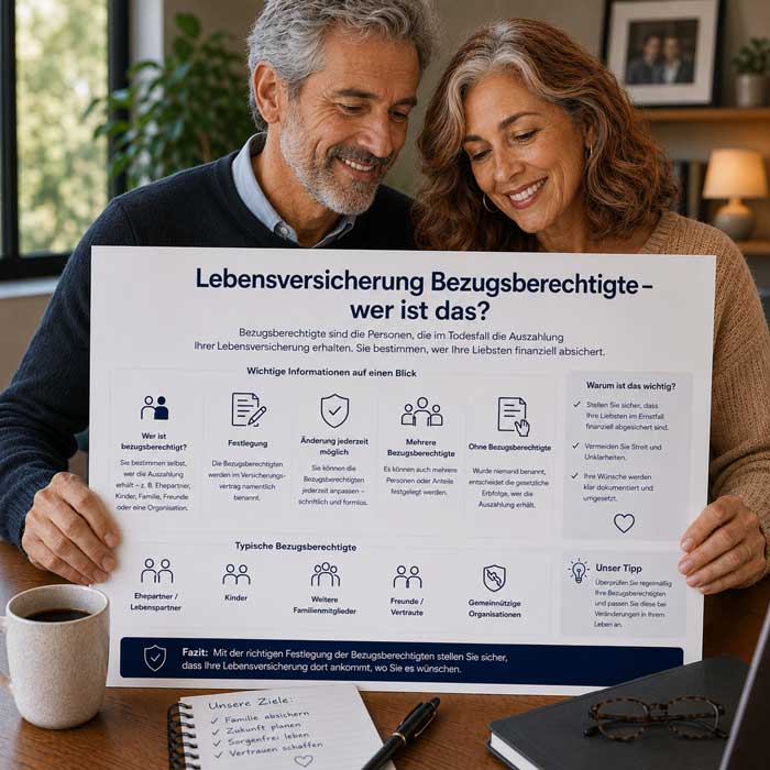 Ein Ehepaar informiert sich über die bezugsberechtigte Person einer Lebensversicherung
