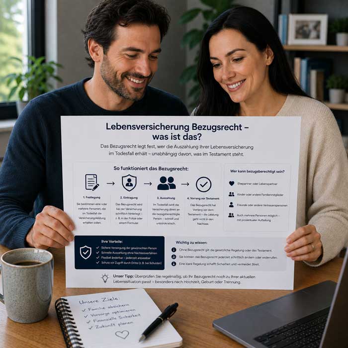 Ein Ehepaar informiert sich über das Bezugsrecht einer Lebensversicherung