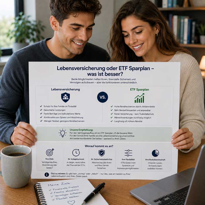 Junges Paar informiert sich ob ein ETF-Sparplan oder eine Lebensversicherung besser ist