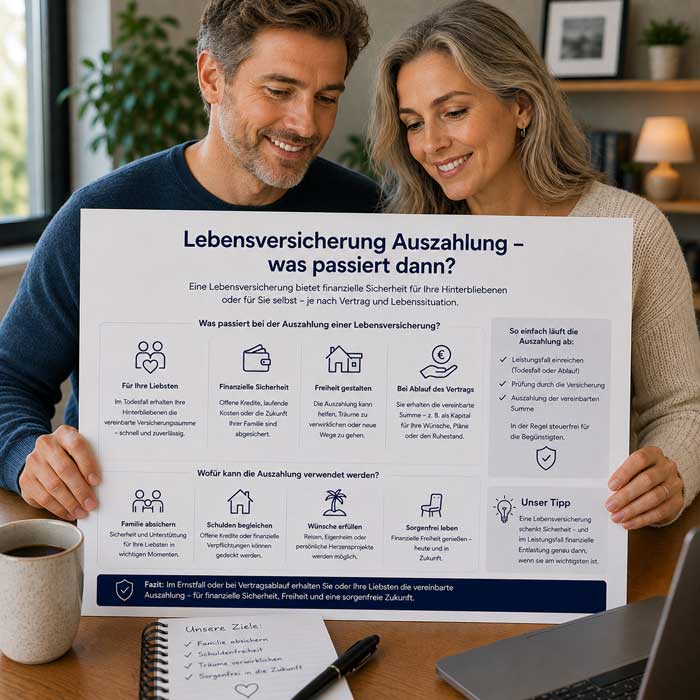 Ehepaar informiert sich wie es mit der Auszahlung ihrer Lebensversicherung geht