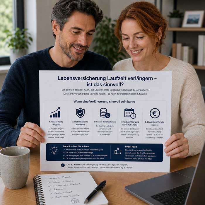 Ein Ehepaar informiert sich über eine mögliche Laufzeitverlängerung ihrer Lebensversicherung