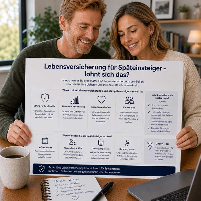 Ein Ehepaar informiert sich ob sich eine Lebensversicherung für Späteinsteiger lohnt