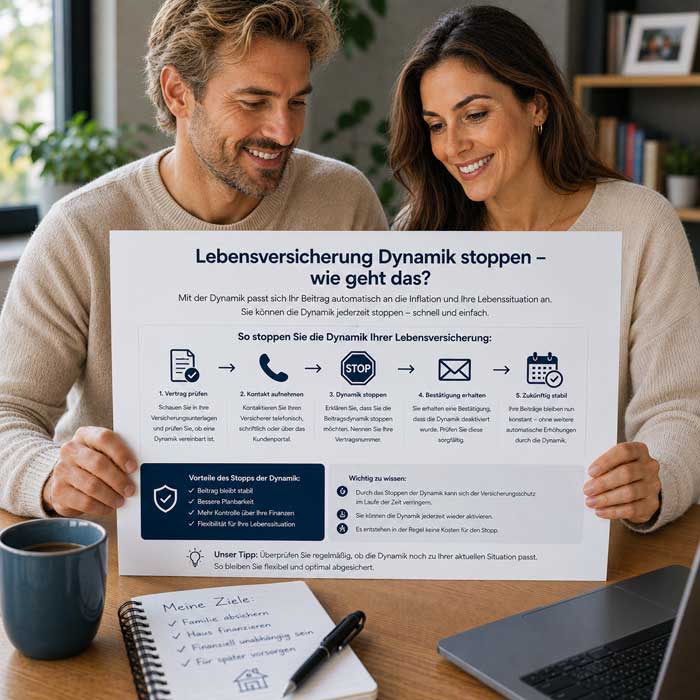Ein Ehepaar informiert sich über das Stoppen der Beitragsdynamik ihrer Lebensversicherung