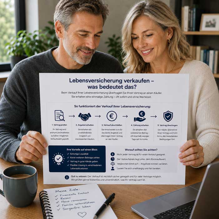 Ein Ehepaar informiert sich über den Verkauf ihrer Lebensversicherung