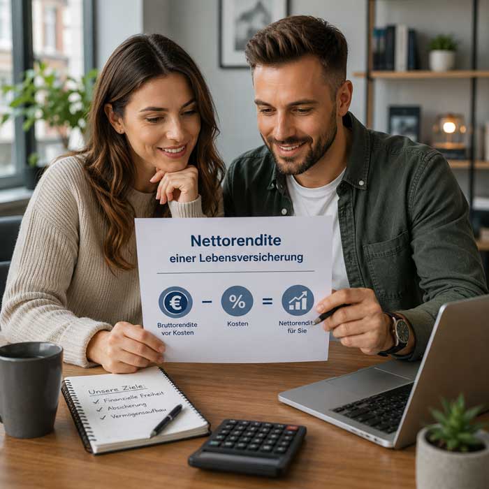 Ein junges Paar kalkuliert die Nettorendite einer Lebensversicherung