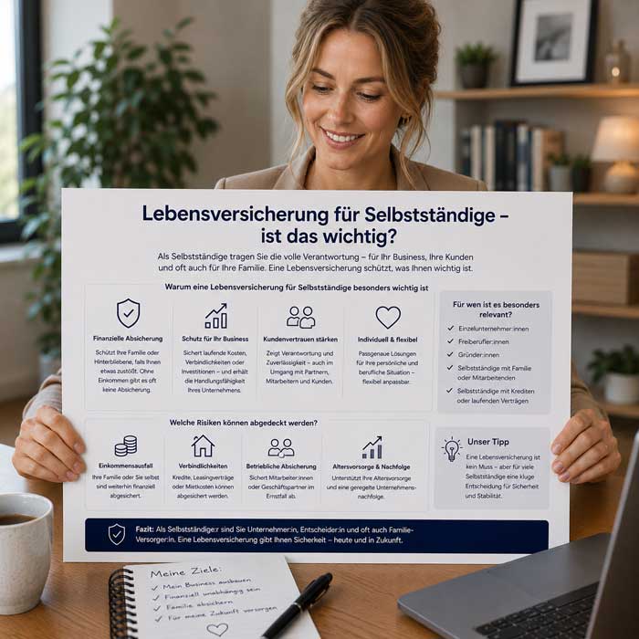 Eine selbstständige Businessfrau informiert sich über die Vorteile einer Lebensversicherung