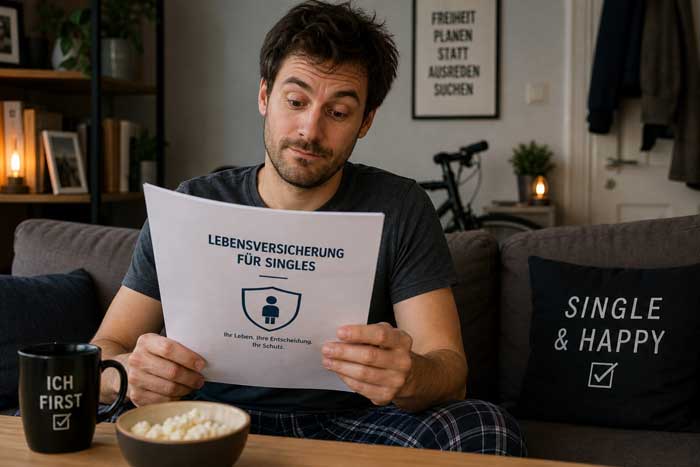 Ein Single Mann liest seinen Versicherungsvertrag der Lebensversicherung zuhause durch