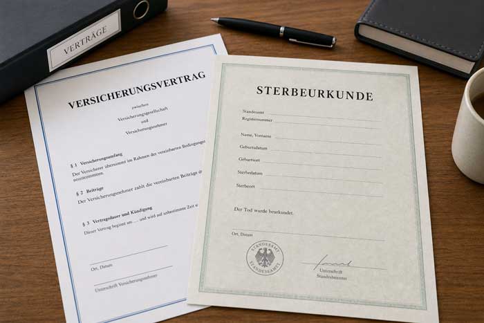 Versicherungsvertrag und Sterbeurkunde auf dem Tisch liegend